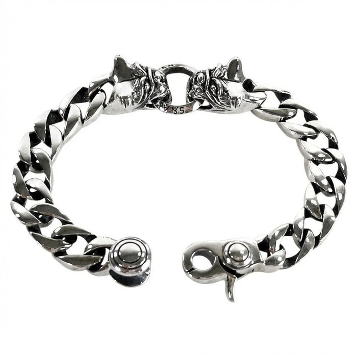Bulldog head 925 sterling silver bracelet with lobster clasp showing detailed Cuban curb chain links