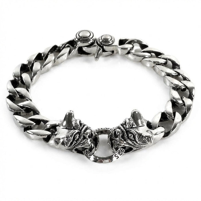 Front view of double bulldog head sterling silver bracelet with 925 hallmark stamp on center ring