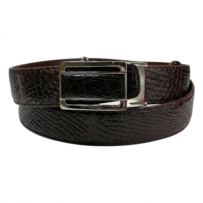 Burgundy crocodile leather men's belt with silver automatic buckle front view