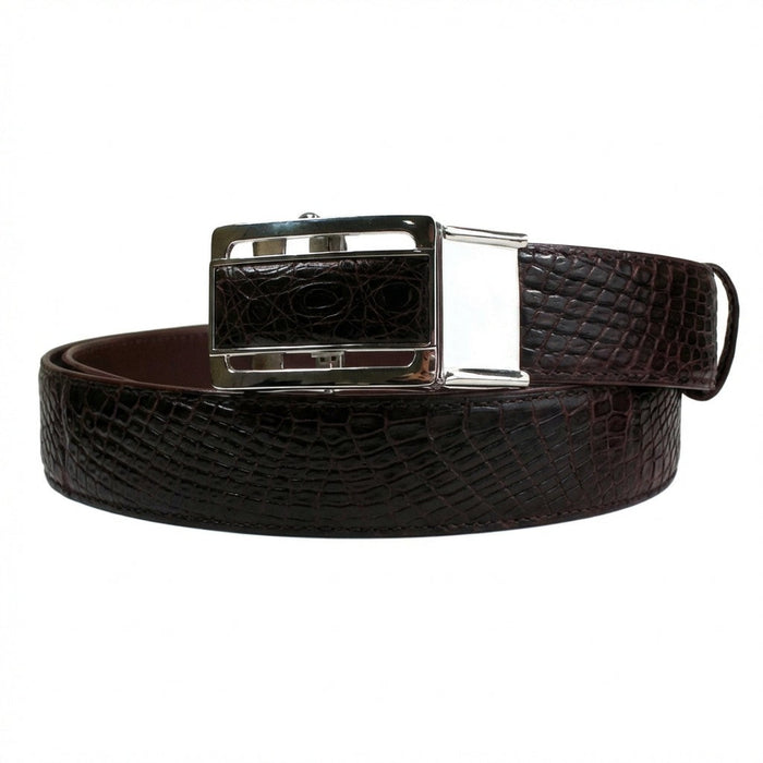 Genuine crocodile leather belt silver ratchet buckle with leather inlay detail