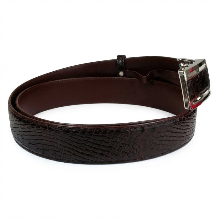 Men's crocodile leather belt showing smooth brown leather interior lining