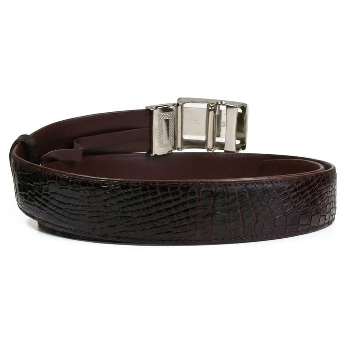 Automatic ratchet buckle mechanism on burgundy exotic leather belt