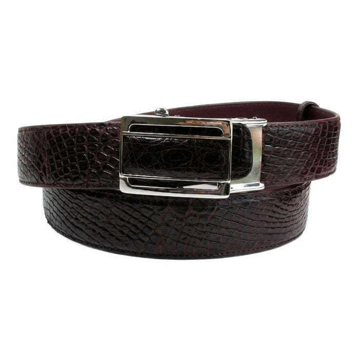 Dark burgundy crocodile leather dress belt with polished silver buckle