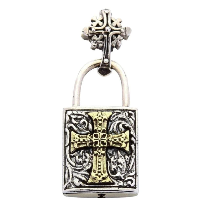 Front view of the Celtic cross padlock pendant featuring a brass budded cross on a sterling silver body with scrollwork.