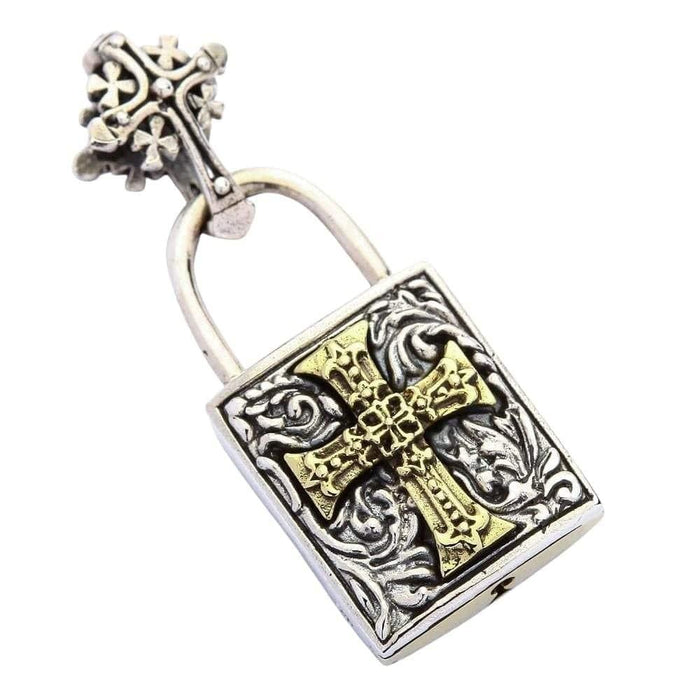 Angled view highlighting the brass budded cross with fleur-de-lis patterning on the sterling silver padlock body.
