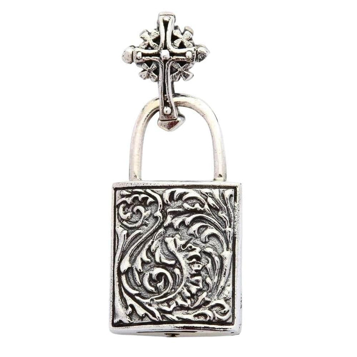 Detailed scrollwork covers the sterling silver padlock body, topped with a quatrefoil knotwork Celtic cross bail.