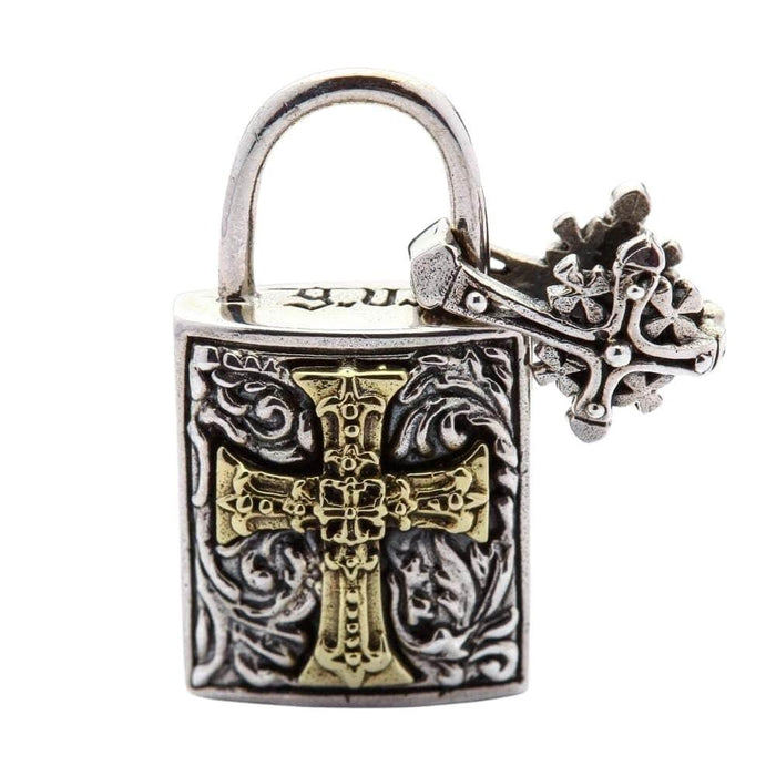 Articulated quatrefoil knotwork bail tilted right, exposing the engraved top of the silver and brass padlock pendant.