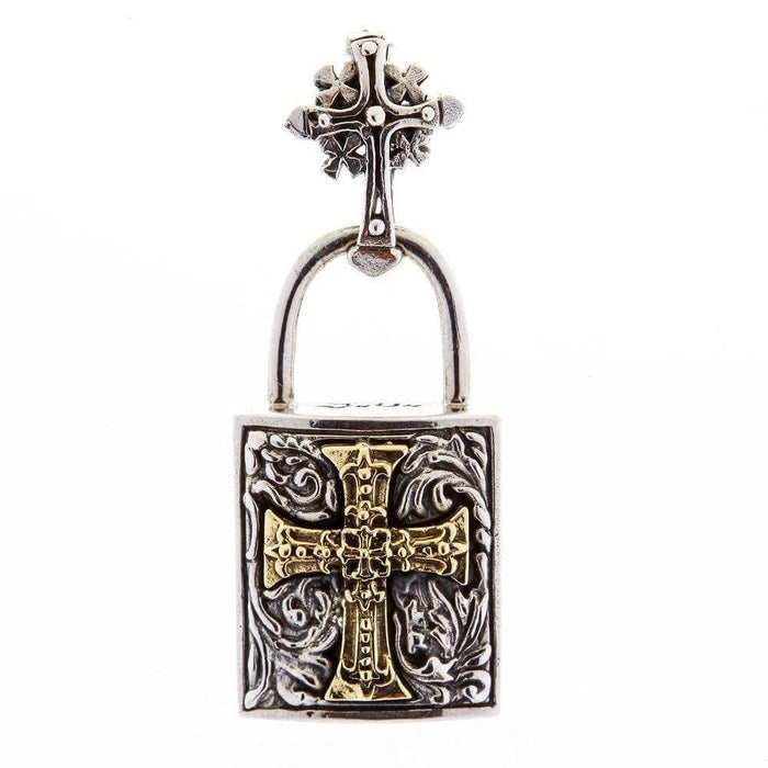 Straight-on view of the complete pendant showing the brass budded cross centered on the silver padlock with Celtic cross bail.