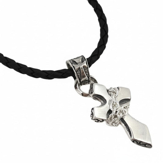 925 sterling silver gothic cross pendant with chain detail on black braided leather cord