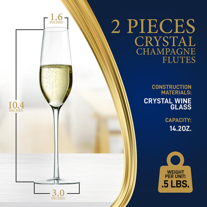 Champagne Flutes Set of 2, Preserve Bubbles, Lead-Free Crystal