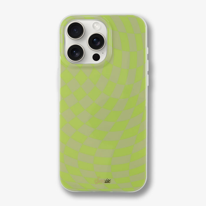 Close-up front view of Checkmate Green MagSafe-compatible iPhone case with raised camera cutout and green checkerboard pattern
