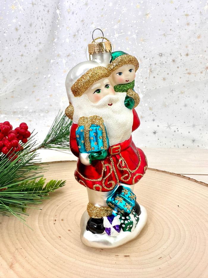 Christmas By Krebs Blown Glass  Collectible Tree Ornaments  (5.5" Santa with Child)