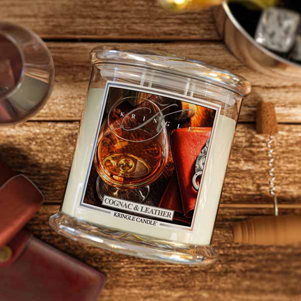Cognac and leather scented 4-wick candle by Kringle Candle