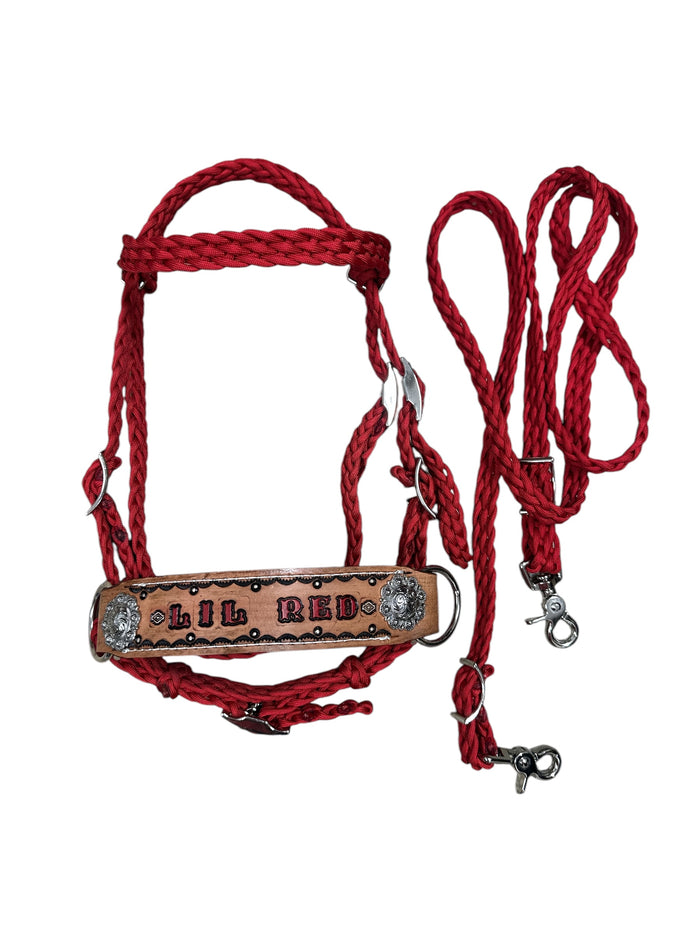 complete bitless bridle personalized  side pull hackamore red  ....pony, Cob, Horse. or Draft horse size