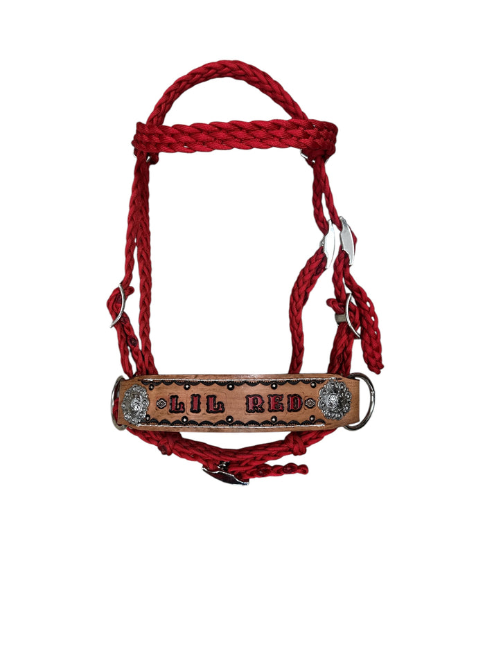 complete bitless bridle personalized  side pull hackamore red  ....pony, Cob, Horse. or Draft horse size