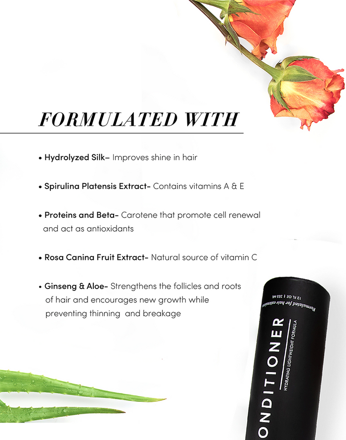 Formulated with, Hydrolyzed Silk- improved shine in hair. Spirulina Platensis Extract- contains vitamins A & E. Proteins and Beta- cotene that promotes ceil renewal and act as antioxidants. Rosa Canina Fruit Extract- natural source of vitamin c. Ginseng & Aloe- strengthens the follicles and roots of hair and excourages new growth while preventing thinning and breakage