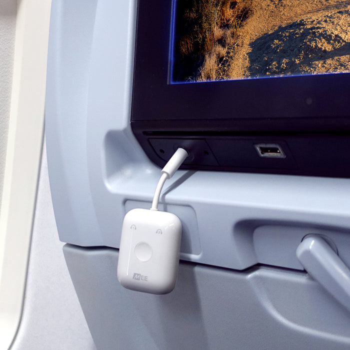 Connect Air Bluetooth Adapters device plugged into the 3.5mm of an airplane entertainment system to transmit the audio to a Bluetooth headphone/earphone.