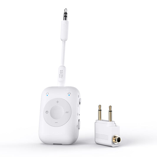 White MEE audio Connect Air Pro In-Flight Bluetooth Wireless Audio Travel Adapter Transmitter and Receiver with 3.5mm audio cable and 2-prong adapter for international flights