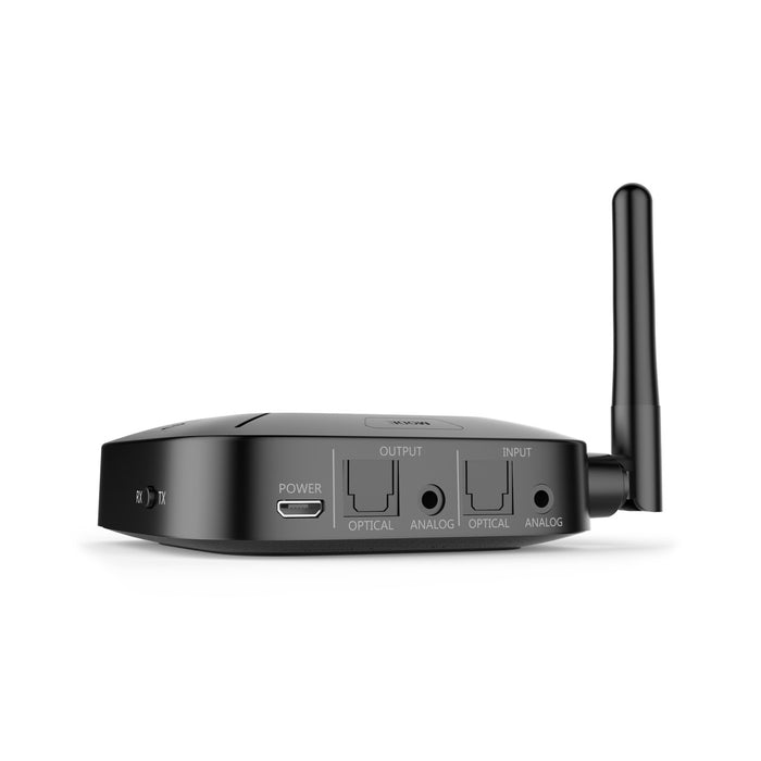 Side profile of Connect Hub Bluetooth Audio Transmitter & Receiver showing the Power and Audio ports and antenna.
