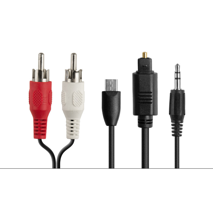 4 cables for the Connect Bluetooth Audio Transmitter consisting of RCA, Miro-USB, Optical, and 3.5mm Aux cables.