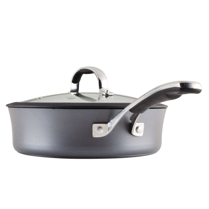 A covered frying pan from the Cook + Create Hard Anodized Nonstick Cookware Sets, made from hard-anodized aluminum with a metal handle, showcasing a sleek design on a white background.