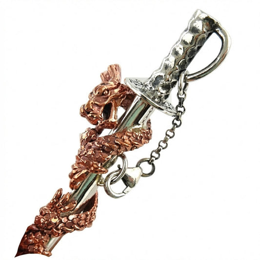 Sterling silver samurai sword pendant featuring a detailed copper dragon coiled around the blade