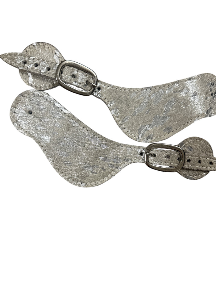 Cowhide hair on spur straps silver and white