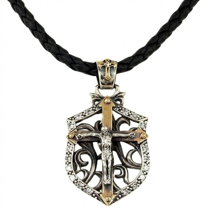 925 sterling silver crucifix shield pendant with gold-tone cross and CZ stones on black braided leather cord