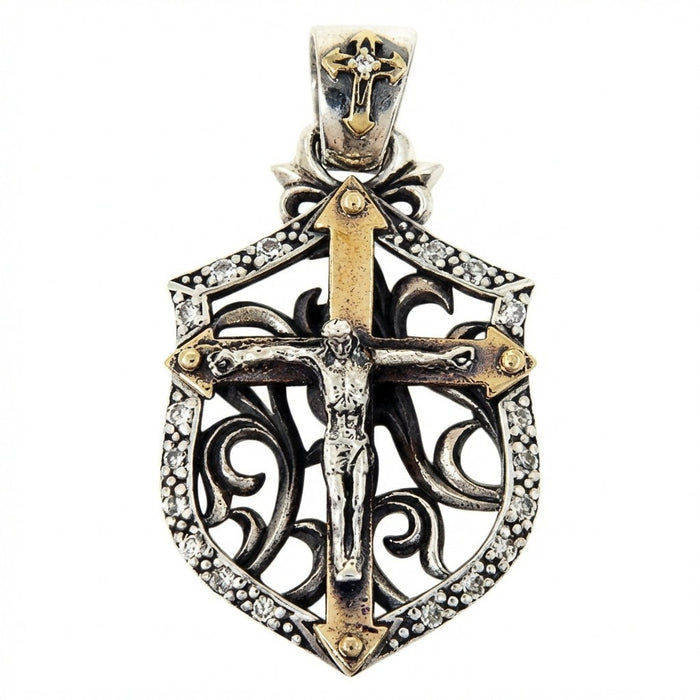 Front detail of 925 sterling silver shield pendant showing crucifix figure gold-tone cross overlay and pave CZ border