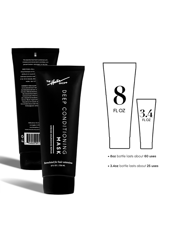 Deep Conditioning Mask. 8 fl oz bottle lasts about 60 uses. 3.4 fl oz bottle lasts about 25 uses.