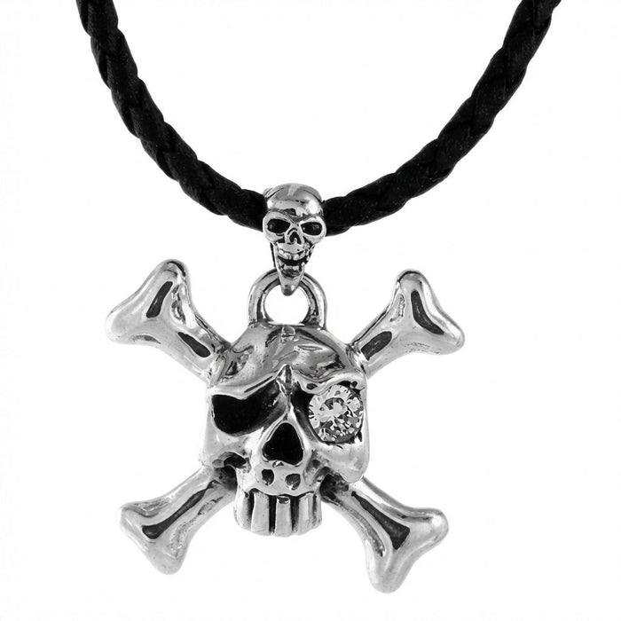 Diamond eye skull crossbones sterling silver pendant with CZ stone in eye socket front view