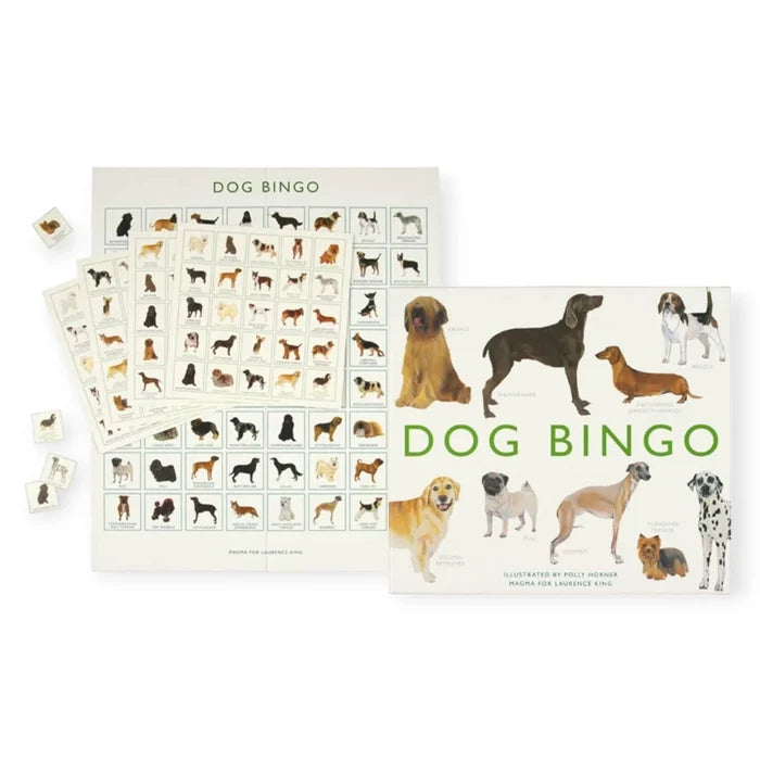 A bingo game set with 'Dog Bingo' text and illustrations of various dog breeds on the cards.