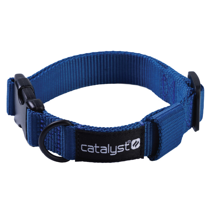 The blue Dog Collar for AirTag by Catalyst Case US features an adjustable nylon band, black plastic buckle, black metal D-ring, and a fabric tag with the white "catalyst" logo. The collar is displayed in a loop on a white background.