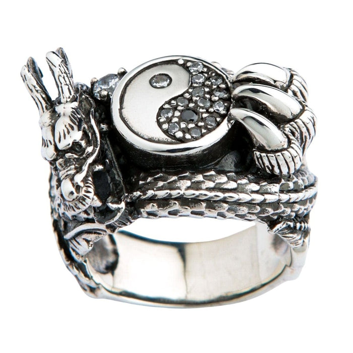 Back view of Chinese dragon ring with yin yang symbol in sterling silver