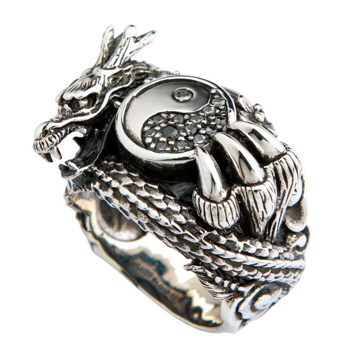 925 sterling silver dragon yin yang ring product photo on white background