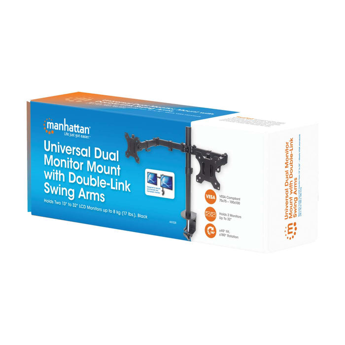 Universal Dual Monitor Mount with Double-Link Swing Arms Packaging Image 2