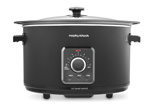 A black Morphy Richards Easy Time 6.5L Slow Cooker with a glass lid and dial control on the front.