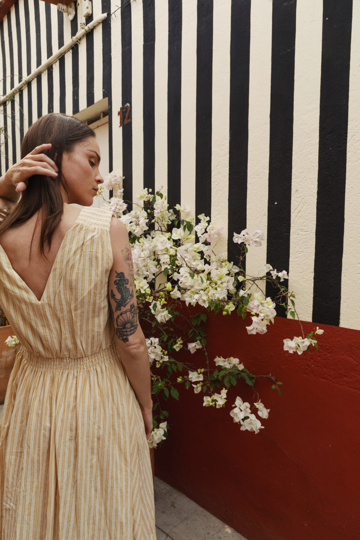Eesha V Dress in Yellow Stripes
