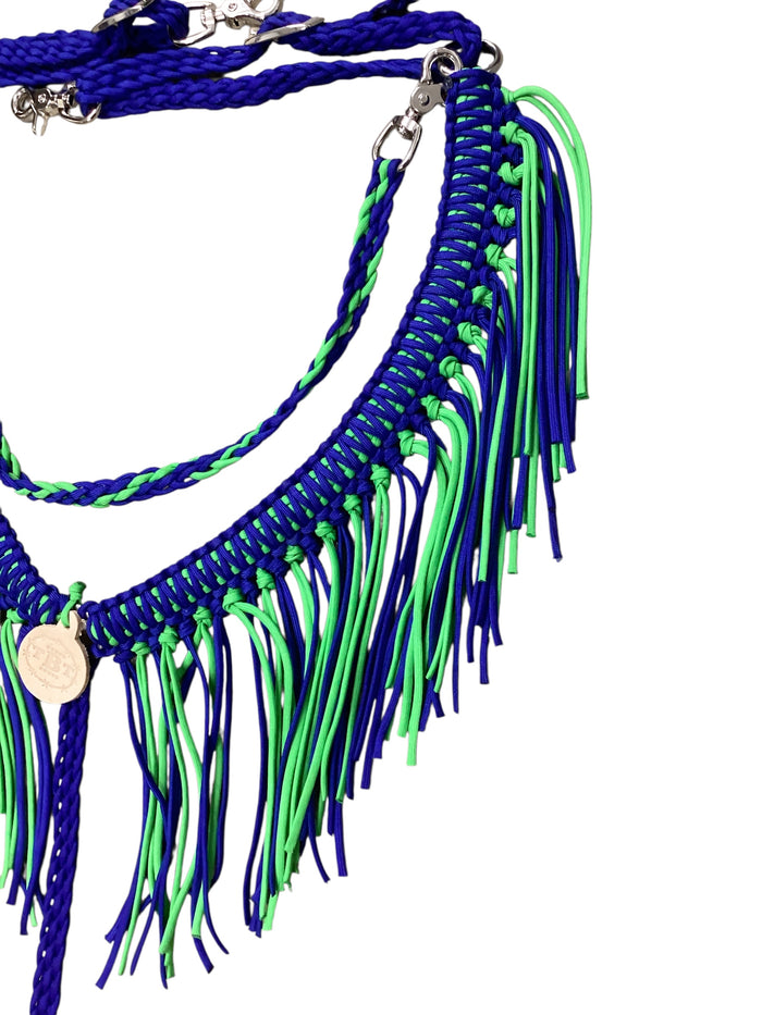 Electric Blue and neon green  fringe breast collar with wither strap.