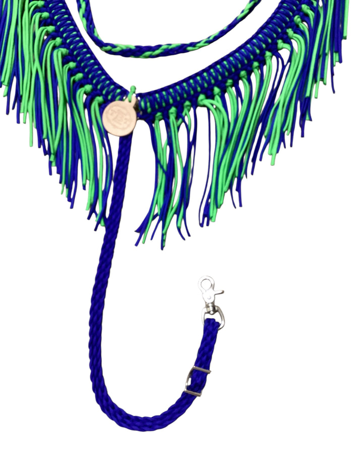 Electric Blue and neon green  fringe breast collar with wither strap.