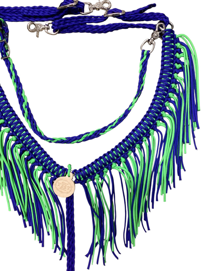 Electric Blue and neon green  fringe breast collar with wither strap.