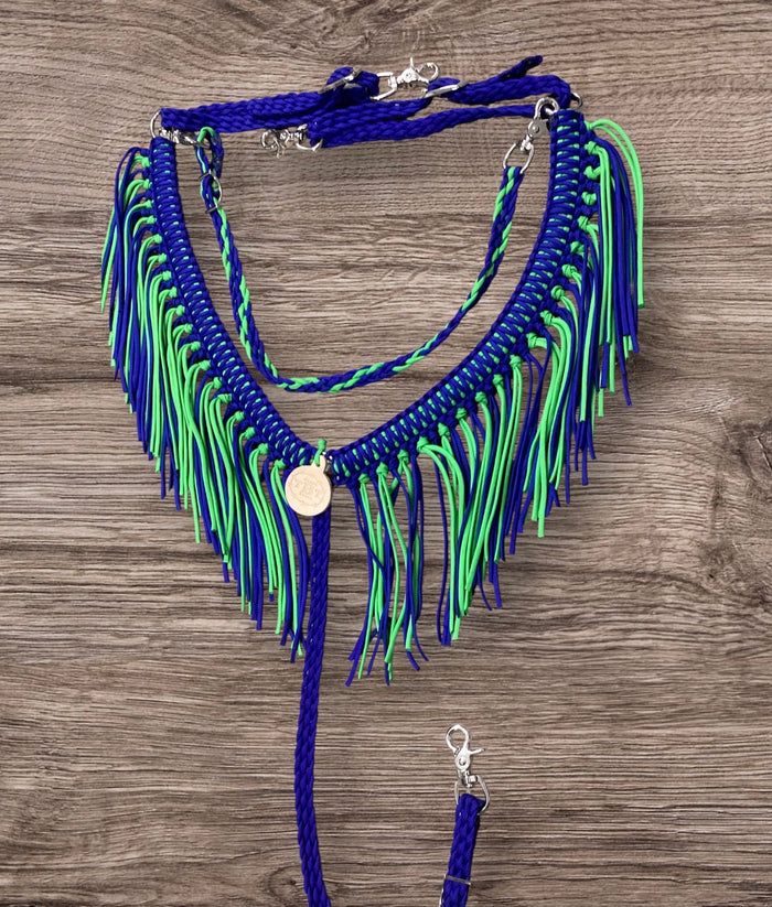 Electric Blue and neon green  fringe breast collar with wither strap.