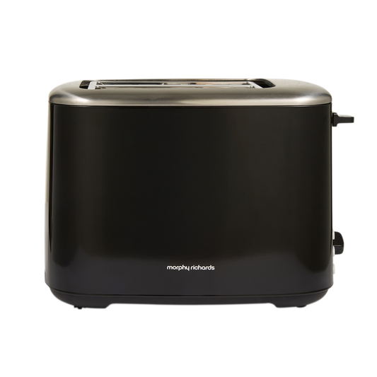 Black toaster with silver accents on a white background
