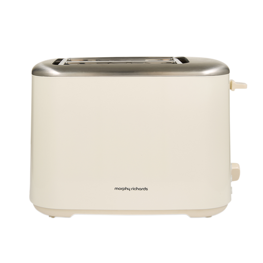 Cream-colored toaster with metallic top on a white background