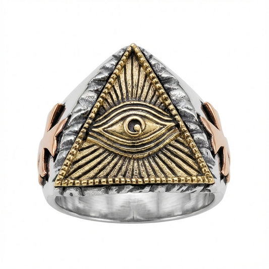 Front view of Eye of Providence Ring in silver and brass
