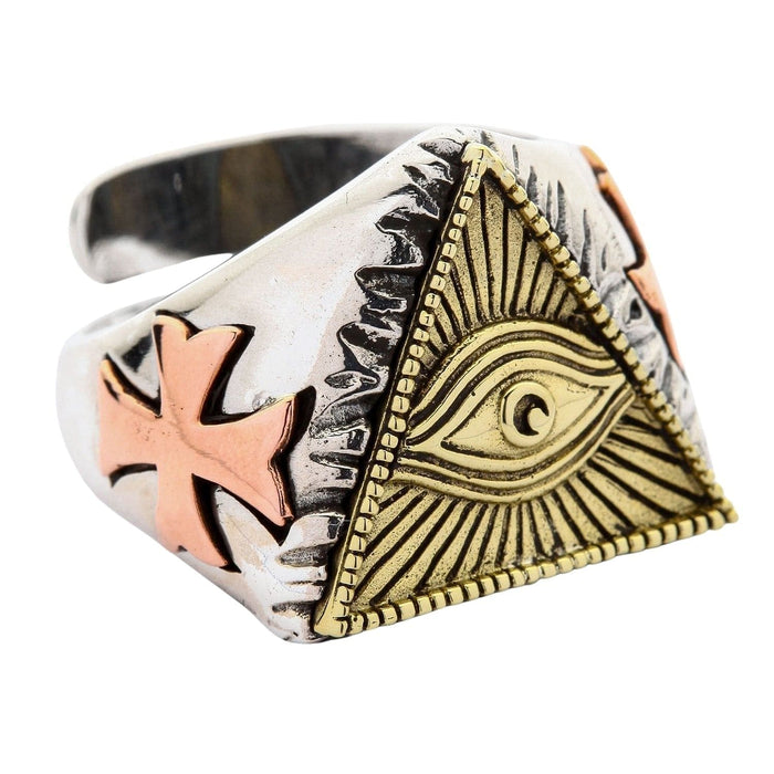 Side profile of adjustable silver ring with copper cross