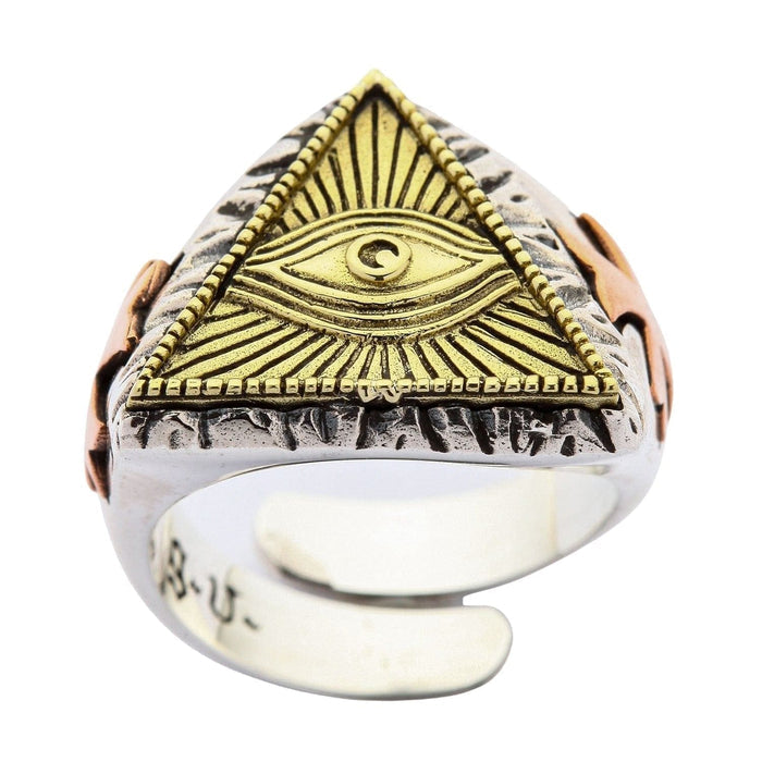 Top down view of brass eye and silver pyramid texture