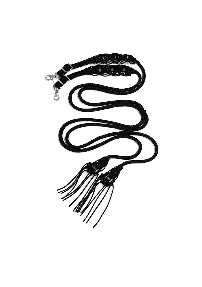 Fancy braided split reins in black with genuine Indian agate gemstones...beautiful yet practical - Tiffanys Braided Tack LLC