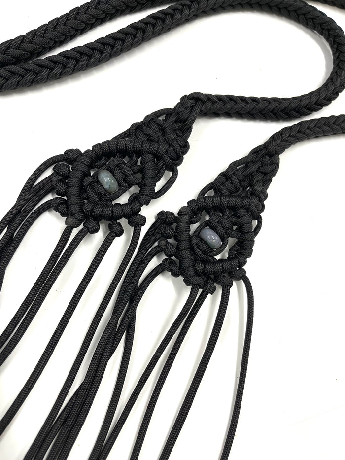 Fancy braided split reins in black with genuine Indian agate gemstones...beautiful yet practical - Tiffanys Braided Tack LLC