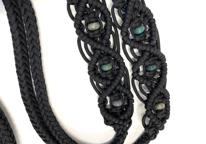 Fancy braided split reins in black with genuine Indian agate gemstones...beautiful yet practical - Tiffanys Braided Tack LLC
